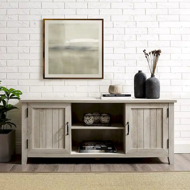 58-Inch Groove Door TV Stand with Open Shelves and Wire Management