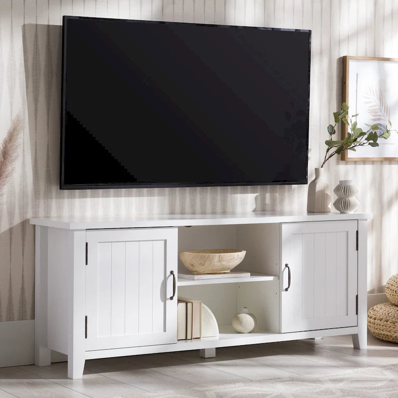 58-Inch Groove Door TV Stand with Open Shelves and Wire Management