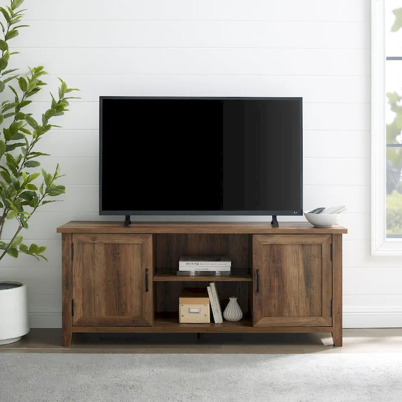 58-Inch Groove Door TV Stand with Open Shelves and Wire Management