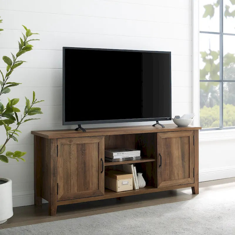 58-Inch Groove Door TV Stand with Open Shelves and Wire Management