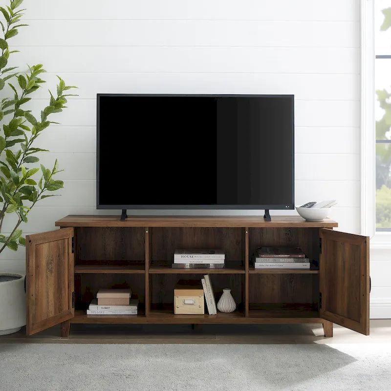 58-Inch Groove Door TV Stand with Open Shelves and Wire Management