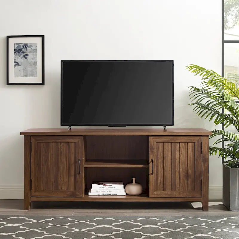 58-Inch Groove Door TV Stand with Open Shelves and Wire Management