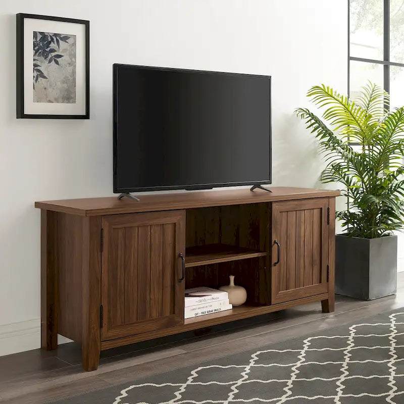 58-Inch Groove Door TV Stand with Open Shelves and Wire Management