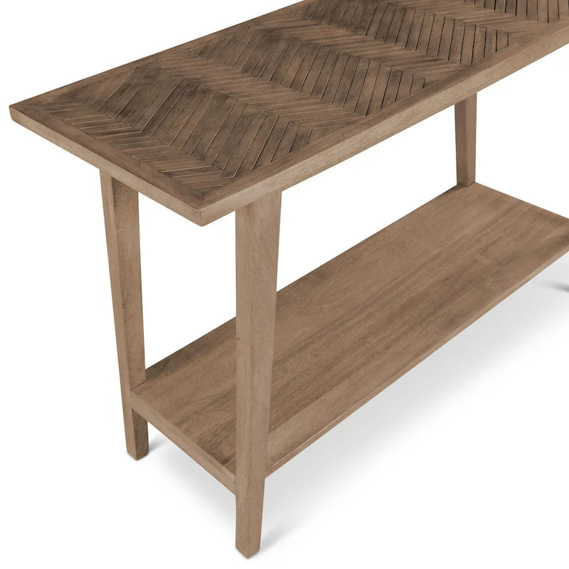 Natural Mango Wood Console Sofa Table Mid-Century Herringbone Shelf