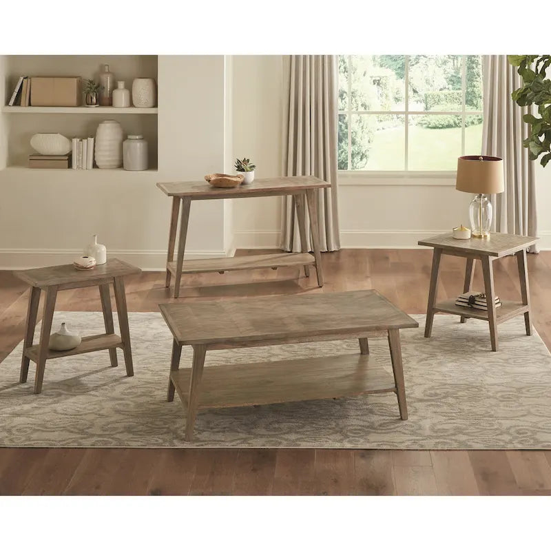 Natural Mango Wood Console Sofa Table Mid-Century Herringbone Shelf