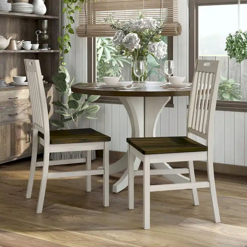 Antique White Slatted Back Farmhouse Dining Chair Dark Walnut Solid Wood