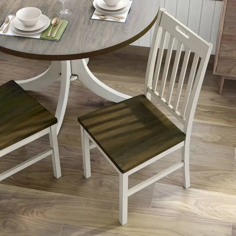 Antique White Slatted Back Farmhouse Dining Chair Dark Walnut Solid Wood