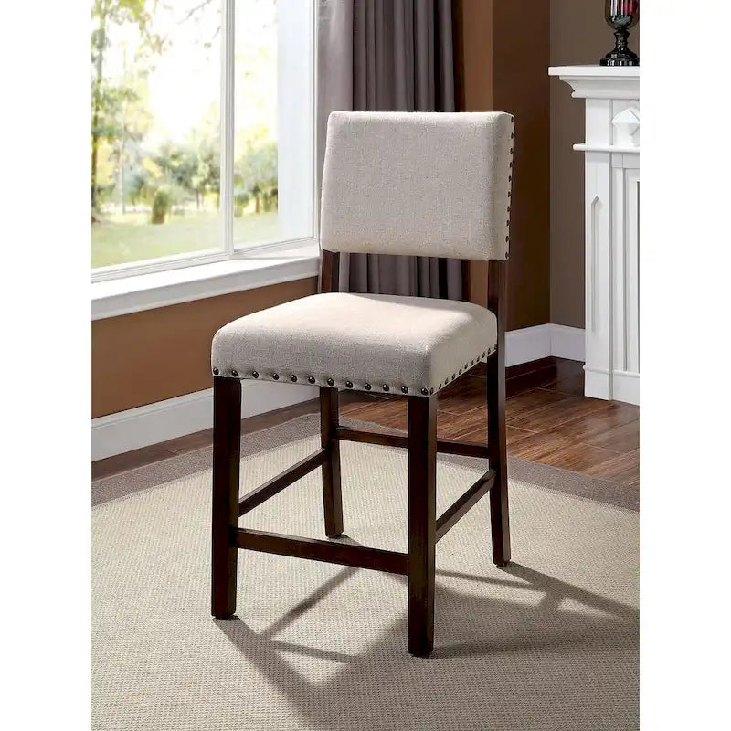 Brown Cherry Ivory Fabric Dining Chair with Nailhead Trim Upholstered