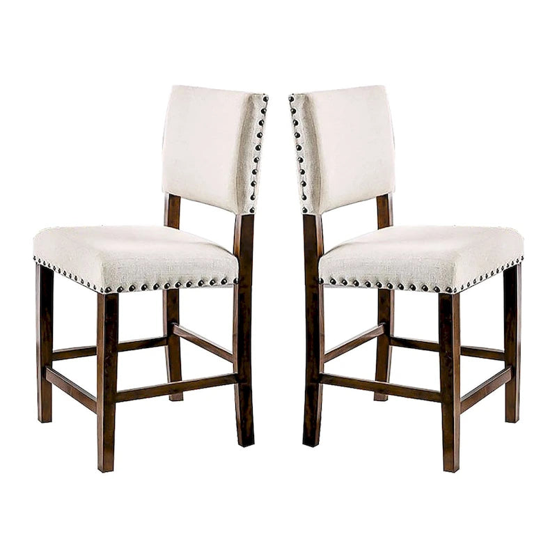 Brown Cherry Ivory Fabric Dining Chair with Nailhead Trim Upholstered
