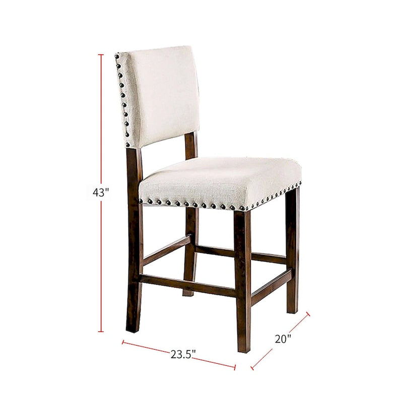 Brown Cherry Ivory Fabric Dining Chair with Nailhead Trim Upholstered