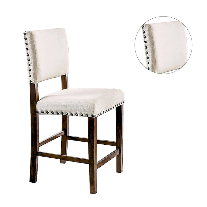 Brown Cherry Ivory Fabric Dining Chair with Nailhead Trim Upholstered