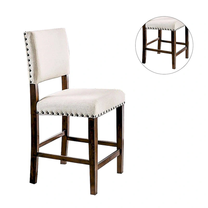 Brown Cherry Ivory Fabric Dining Chair with Nailhead Trim Upholstered