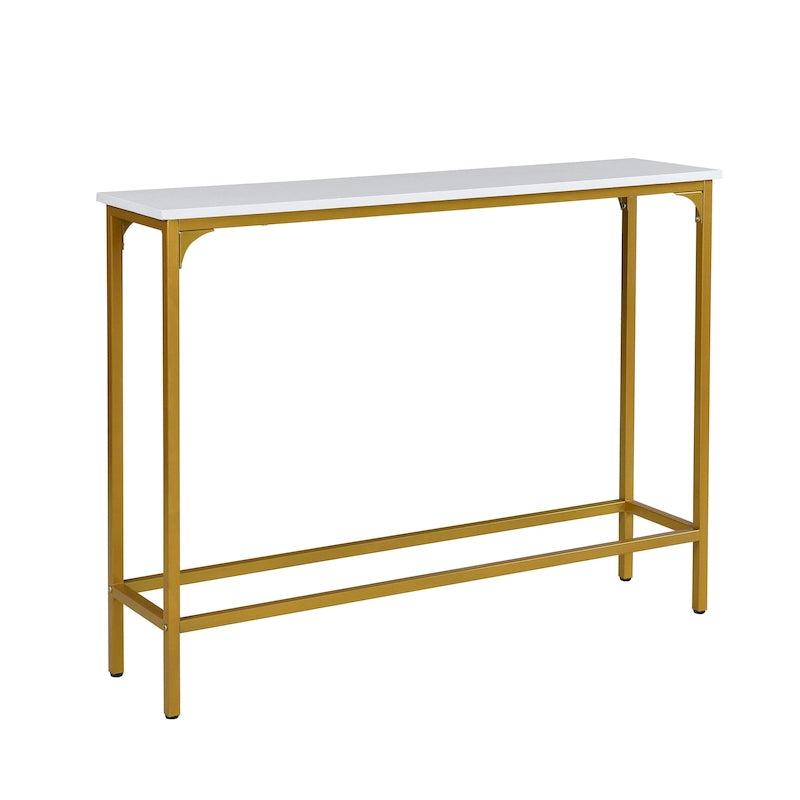 Slim Rectangular Console Table White Gold Powder Coated Metal Frame Entryway Accent