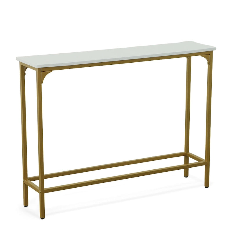 Slim Rectangular Console Table White Gold Powder Coated Metal Frame Entryway Accent