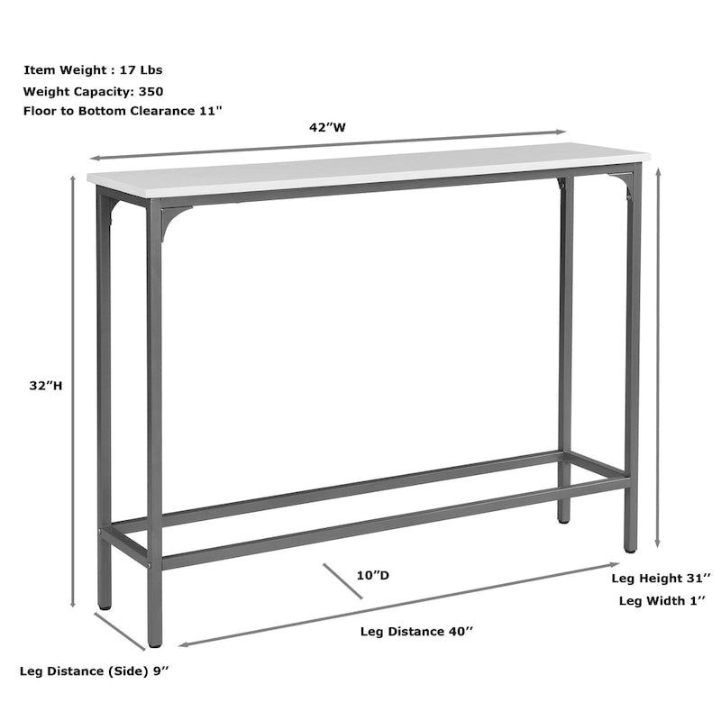 Slim Rectangular Console Table White Gold Powder Coated Metal Frame Entryway Accent