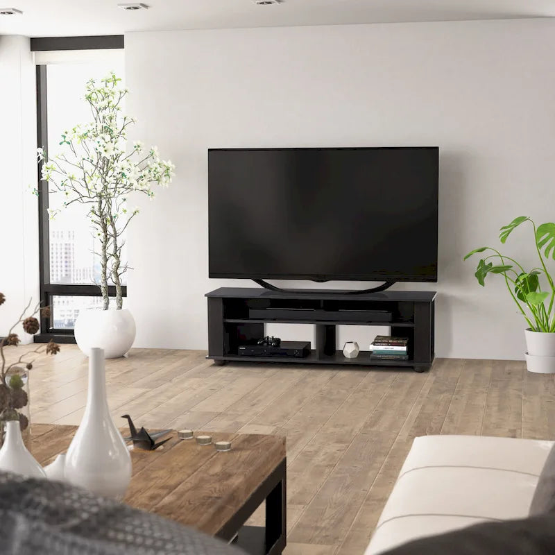 Black Wooden Open Shelf TV Stand Entertainment Console for Large Screens