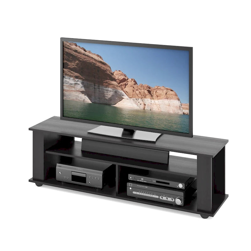 Black Wooden Open Shelf TV Stand Entertainment Console for Large Screens