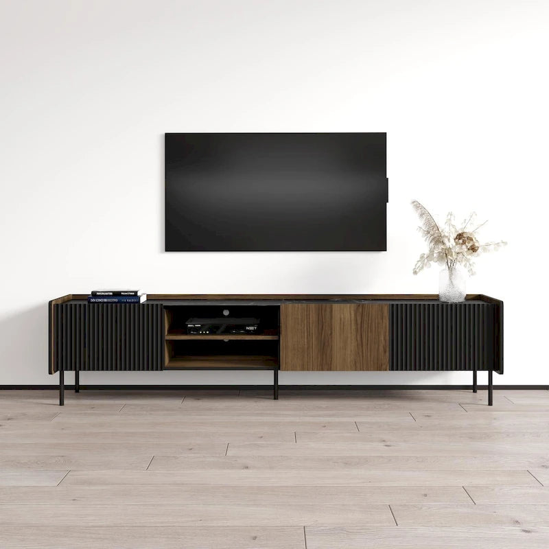Modern Walnut Black Ribbed TV Stand Entertainment Console Cabinet