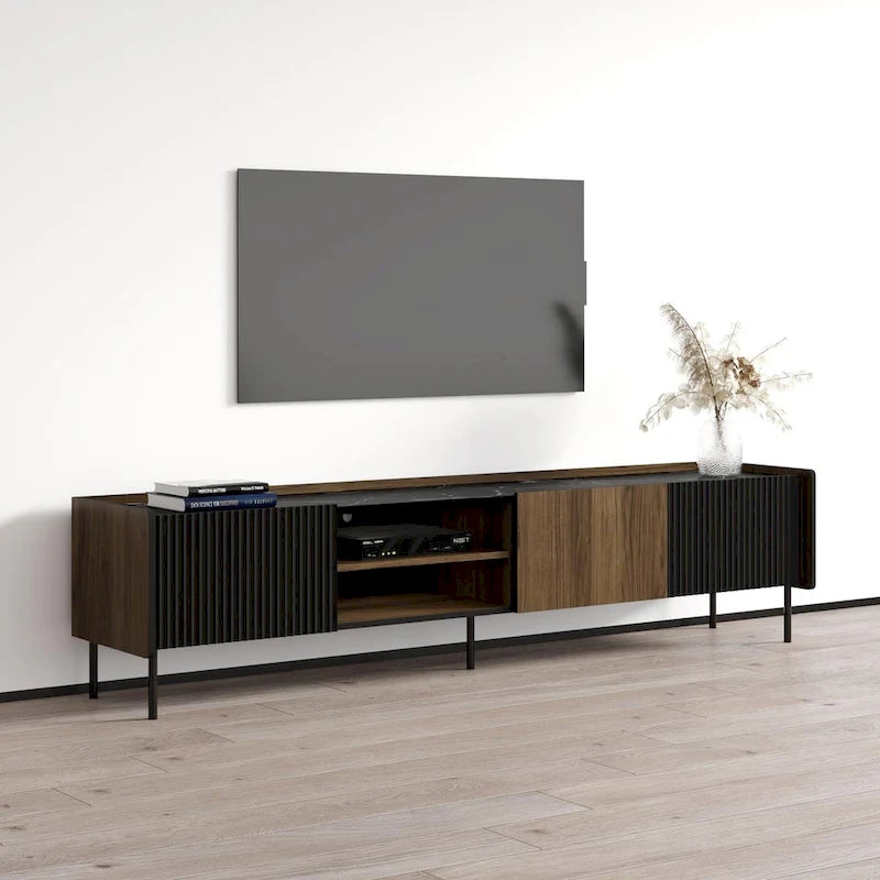 Modern Walnut Black Ribbed TV Stand Entertainment Console Cabinet