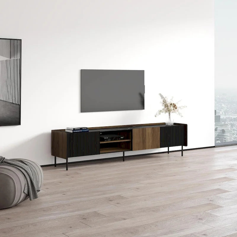 Modern Walnut Black Ribbed TV Stand Entertainment Console Cabinet