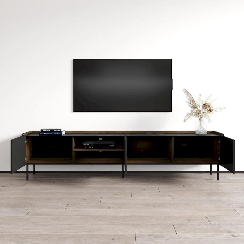 Modern Walnut Black Ribbed TV Stand Entertainment Console Cabinet