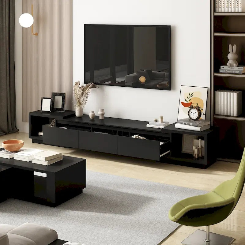 Extendable TV Stand with 3 Drawers Black White Modern Living Room