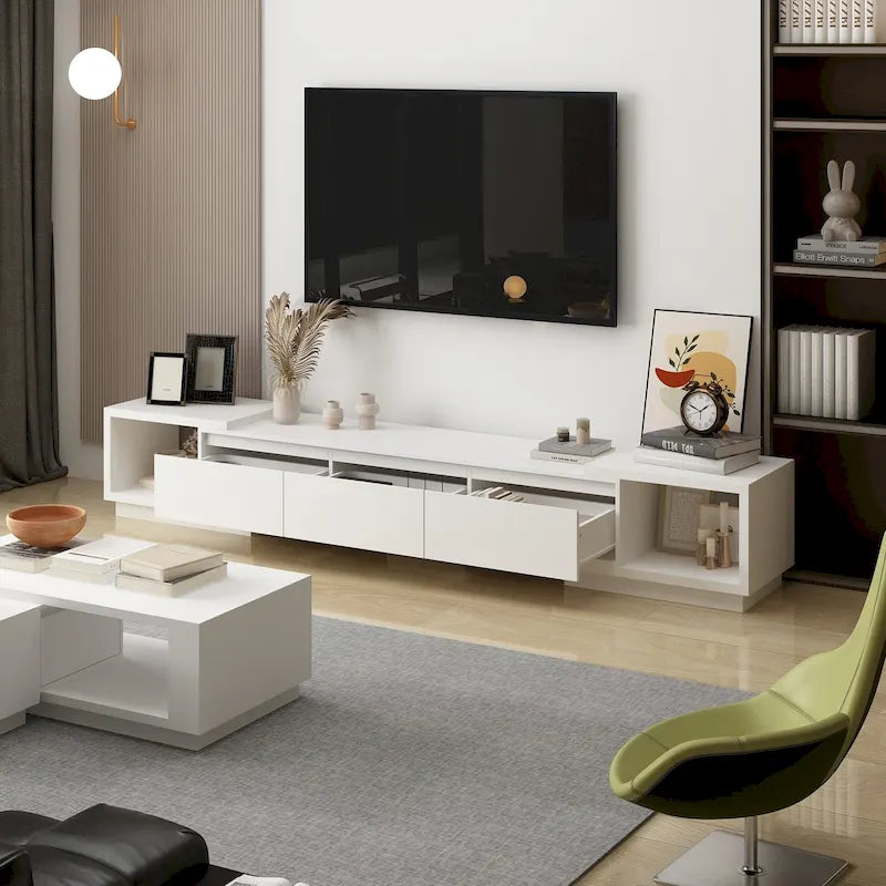 Extendable TV Stand with 3 Drawers Black White Modern Living Room