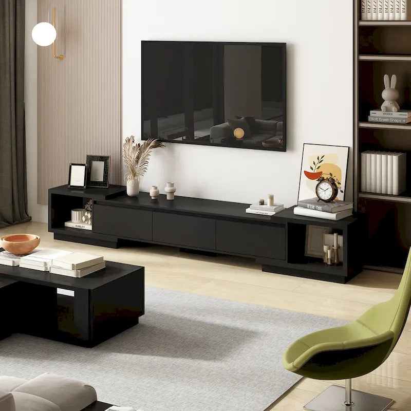 Extendable TV Stand with 3 Drawers Black White Modern Living Room