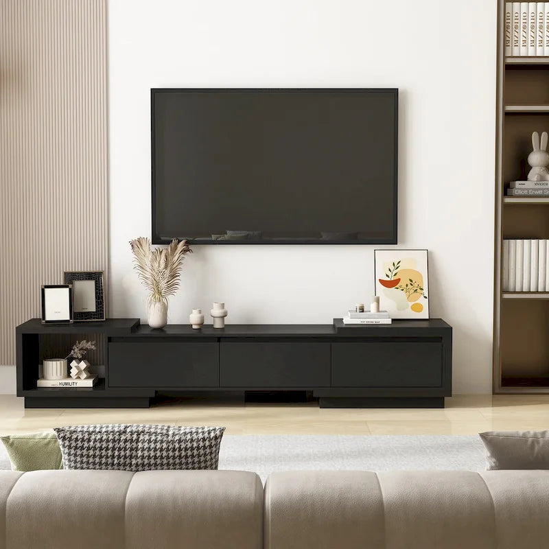 Extendable TV Stand with 3 Drawers Black White Modern Living Room