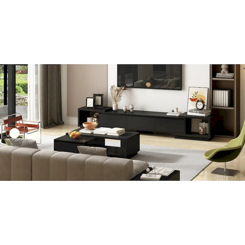 Extendable TV Stand with 3 Drawers Black White Modern Living Room