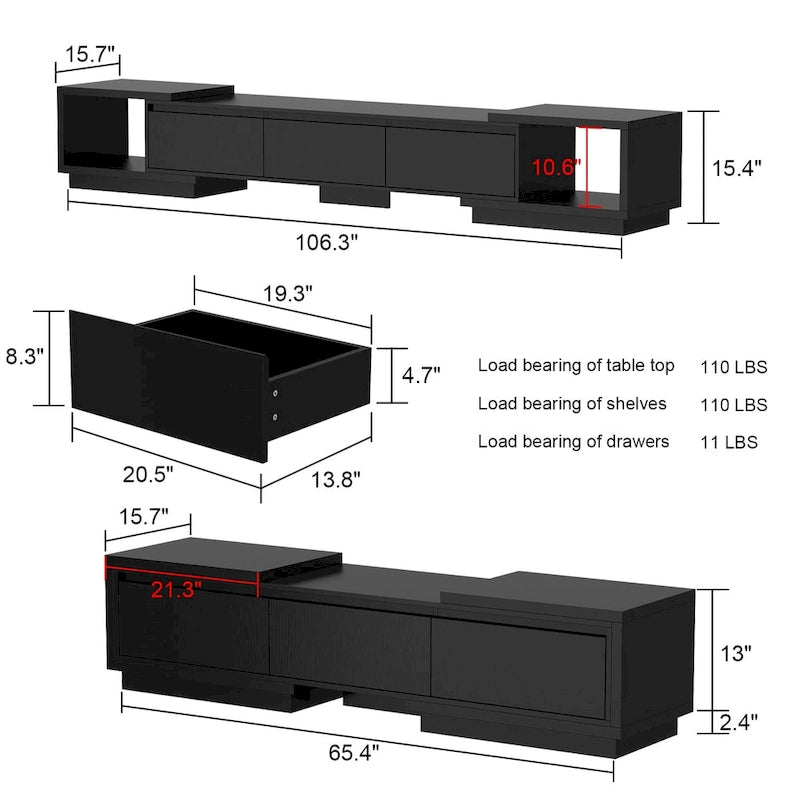 Extendable TV Stand with 3 Drawers Black White Modern Living Room