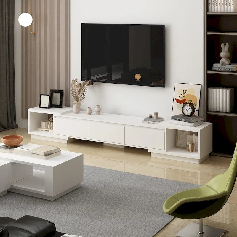 Extendable TV Stand with 3 Drawers Black White Modern Living Room
