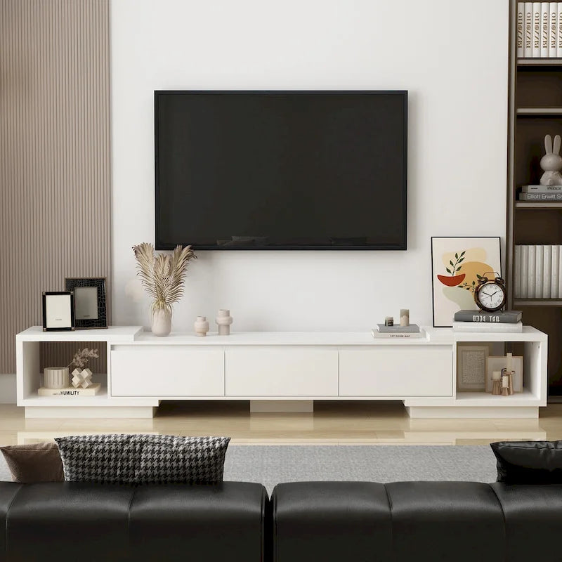 Extendable TV Stand with 3 Drawers Black White Modern Living Room