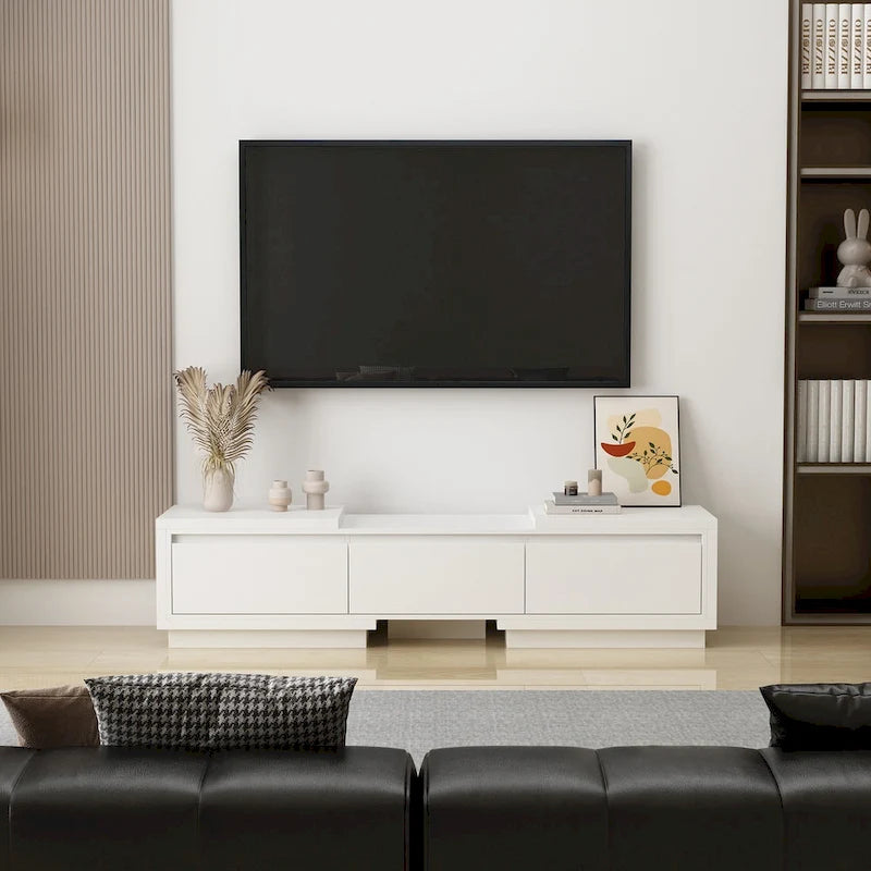 Extendable TV Stand with 3 Drawers Black White Modern Living Room