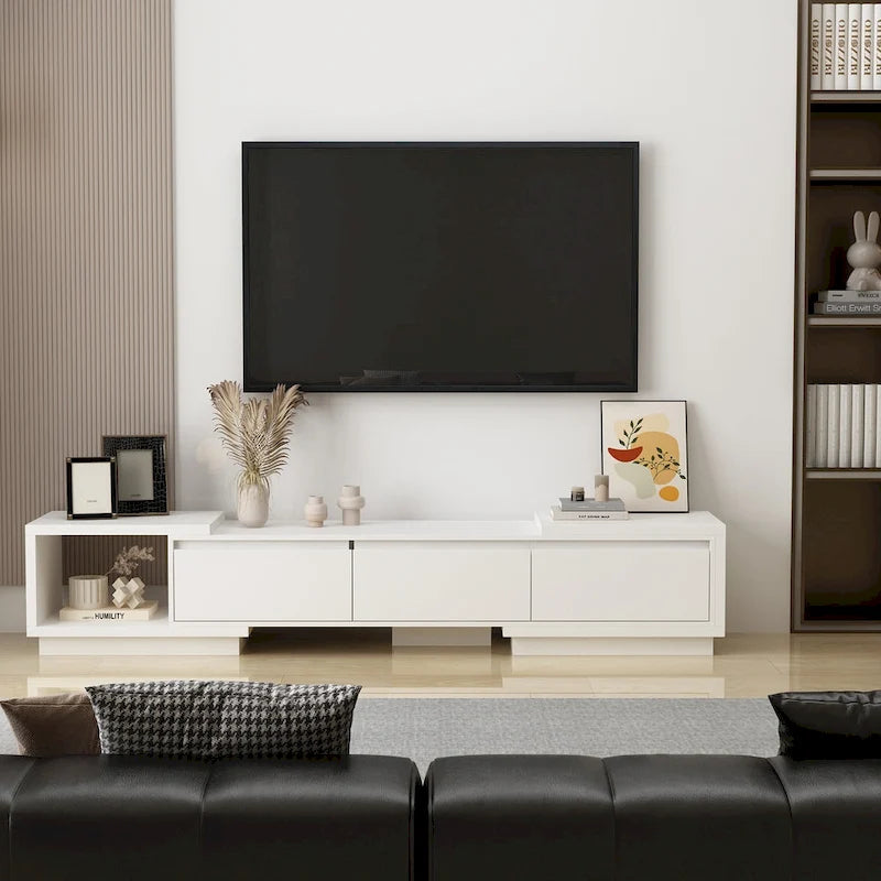 Extendable TV Stand with 3 Drawers Black White Modern Living Room
