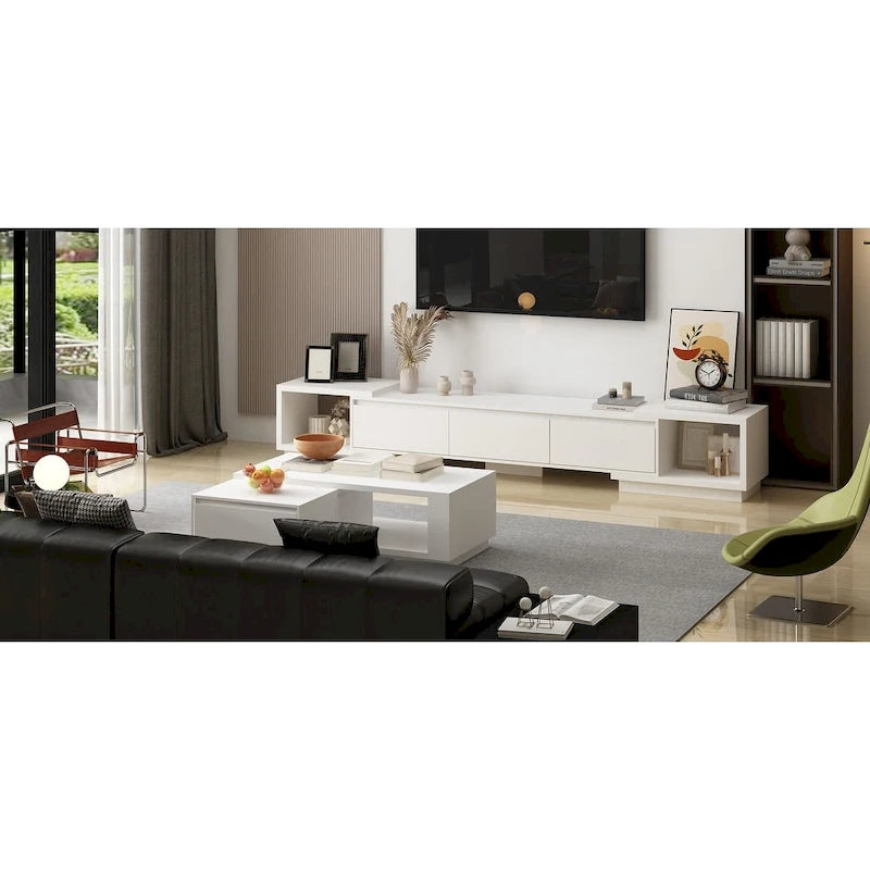 Extendable TV Stand with 3 Drawers Black White Modern Living Room