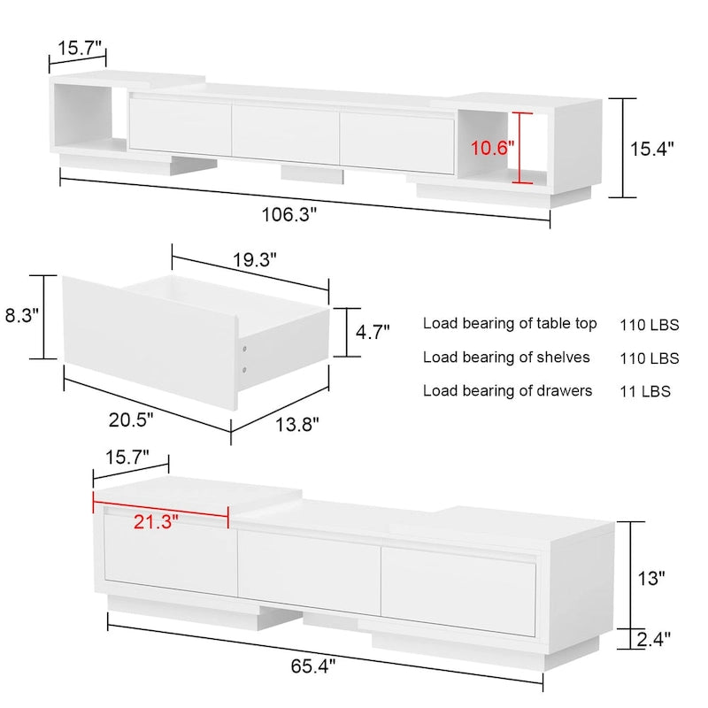 Extendable TV Stand with 3 Drawers Black White Modern Living Room