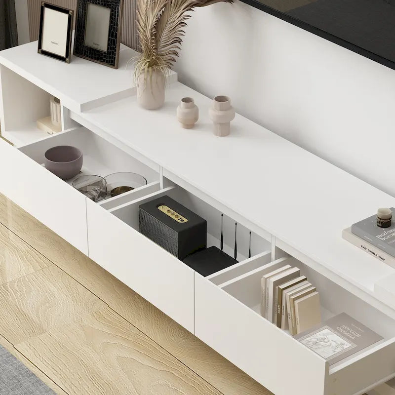 Extendable TV Stand with 3 Drawers Black White Modern Living Room