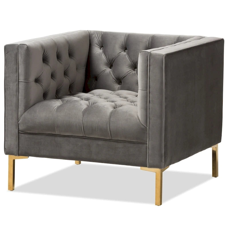 Velvet Button-Tufted Accent Lounge Chair with Gold Finished Legs
