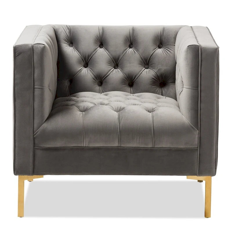 Velvet Button-Tufted Accent Lounge Chair with Gold Finished Legs