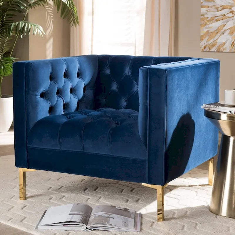 Velvet Button-Tufted Accent Lounge Chair with Gold Finished Legs