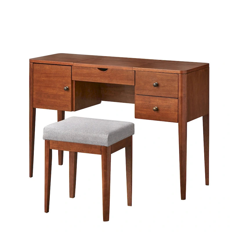 Oak Finish Vanity Desk with Fold-Down Mirror and Storage Drawers