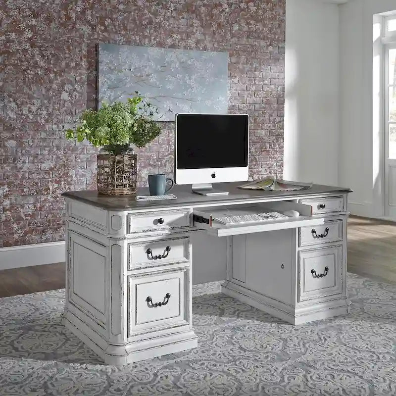 Antique White Weathered Bark Writing Desk with Dovetail Drawers and Wire Management