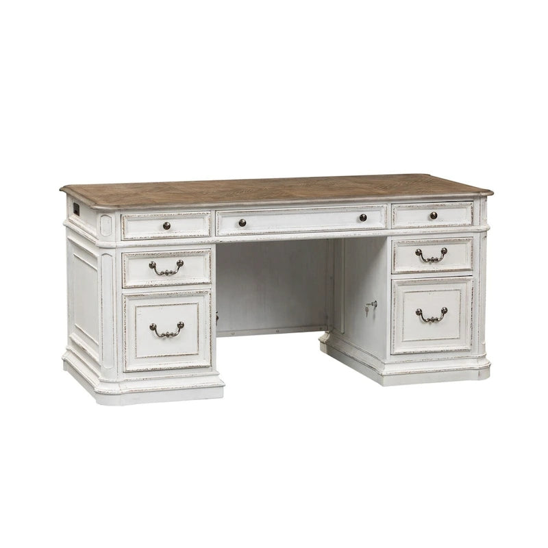 Antique White Weathered Bark Writing Desk with Dovetail Drawers and Wire Management