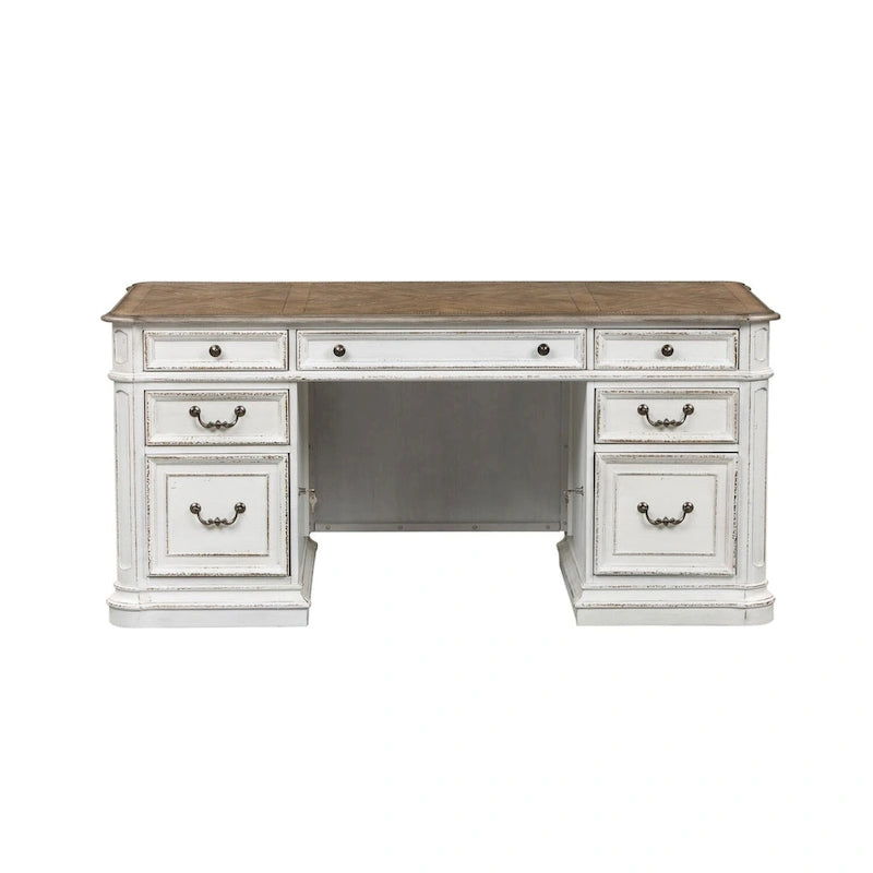 Antique White Weathered Bark Writing Desk with Dovetail Drawers and Wire Management