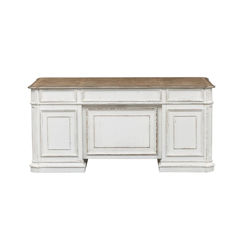 Antique White Weathered Bark Writing Desk with Dovetail Drawers and Wire Management