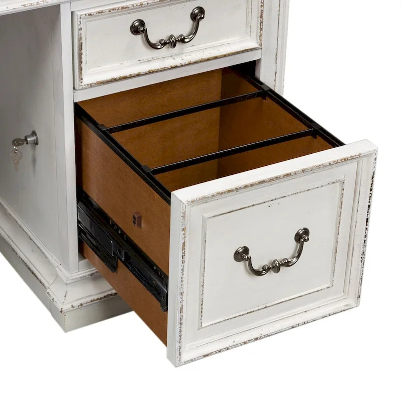 Antique White Weathered Bark Writing Desk with Dovetail Drawers and Wire Management
