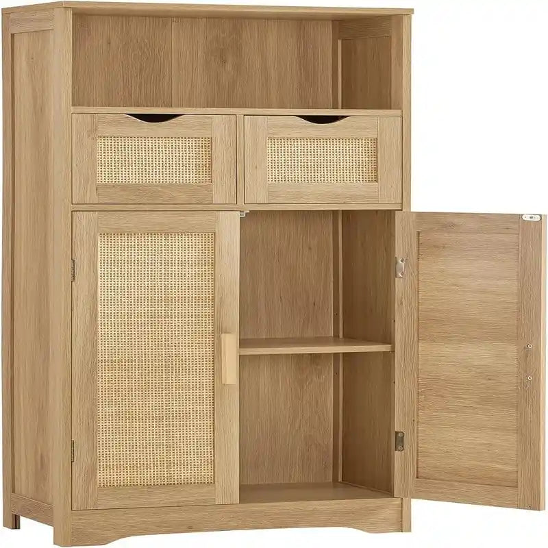 Farmhouse Storage Cabinet with Drawers Doors Adjustable Shelf Grey Wood