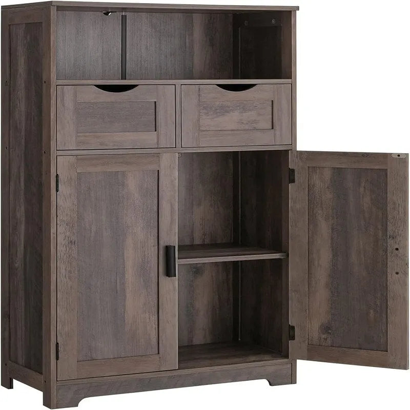 Farmhouse Storage Cabinet with Drawers Doors Adjustable Shelf Grey Wood