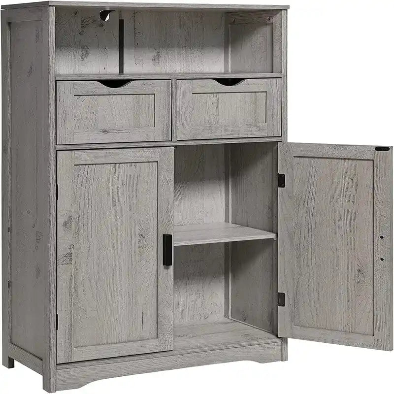 Farmhouse Storage Cabinet with Drawers Doors Adjustable Shelf Grey Wood